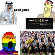 arab faggot flag:germany flag:imperial_japan flag:lgbt_pride_flag gay germany glasses japan kneel lgbt meme open_mouth qatar rainbow soccer soyjak stubble variant:gapejak // 2048x2048 // 472.7KB