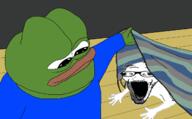 apu arm carpet clothes floor frog glasses hand hiding holding_object open_mouth pepe soyjak stubble subvariant:wewjak variant:soyak // 1267x785 // 126.3KB