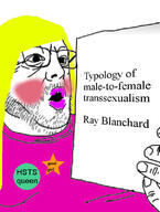 badge book cheeks fat glasses hair hsts makeup open_mouth ray_blanchard soyjak star stubble text tranny variant:unknown yellow_hair // 605x800 // 100.9KB