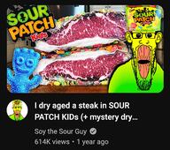 candy clothes ear flavorjak food glasses green green_skin hat oh_my_god_she_is_so_attractive open_mouth sour sour_patch_kids soyjak steak stretched_mouth stubble text variant:markiplier_soyjak yellow youtube // 1500x1329 // 2.0MB