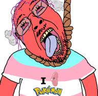 bloodshot_eyes clothes crying eyelashes fume glasses hair hanging heart i_love merge mustache open_mouth pokemon purple_hair red_skin rope soyjak stubble suicide tongue tranny tshirt variant:bernd video_game yellow_teeth // 800x789 // 140.8KB
