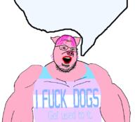 angry animal arm buff clothes ear flag glasses lipstick open_mouth pig pink pink_hair pink_skin purple_hair soyjak speech_bubble speech_bubble_empty stubble text tranny variant:chaosjak variant:shotjak vest zoophile // 829x750 // 100.6KB