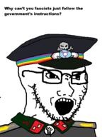 angry black_lives_matter communism counter-signal_meme fascism globohomo government hammer_and_sickle military_cap military_uniform skull tranny vaccine variant:soyak // 770x1028 // 39.2KB