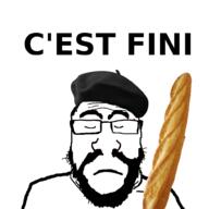 baguette beard beret bread closed_eyes closed_mouth clothes food france french_text frown glasses hat its_over soyjak text variant:science_lover // 1000x1000 // 252.4KB
