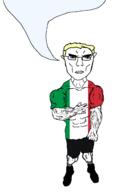 arm blond blue_eyes buff clothes country countrywar ear flag flag:italy full_body hand italy shoe speech_bubble speech_bubble_empty subvariant:chudjak_front subvariant:unbotheredchud variant:chudjak vein yellow_hair // 981x1608 // 42.1KB