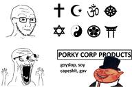 arm closed_mouth eyes_popping glasses hand hands_up neutral open_mouth porky religion soyjak stubble tongue variant:classic_soyjak variant:waow // 1450x958 // 320.3KB
