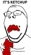 arm closed_eyes closed_mouth eating food frown glasses hand holding_object its_over ketchup soyjak stubble text variant:wholesome_soyjak // 600x1053 // 154.5KB