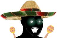 black_skin clothes glowing glowing_eyes green_eyes hat inverted maracas mexico open_mouth sombrero soyjak stubble thougher variant:soyak // 763x516 // 325.9KB
