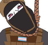 bloodshot_eyes clothes crying dead flag hanging helmet k_(4chan) mask military pol_(4chan) rope soyjak suicide tactical_snuggie tranny variant:bernd // 768x719 // 99.0KB