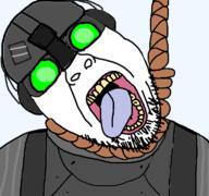 armor cloaker clothes glowing_glasses goggles green_eyes hanging helmet open_mouth payday rope soyjak stubble suicide tongue transparent uniform variant:gapejak_front // 768x719 // 110.6KB