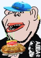 abba amerimutt arm baseball_cap black_sclera black_shirt canned_food clothes ear hair hand holding_object ikea lips looking_at_you mutt open_mouth pizza soyjak stubble subvariant:impish_amerimutt transparent_background variant:impish_soyak_ears white_skin yellow_hair // 598x848 // 306.3KB