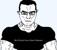 arm brown_eyes buff careless closed_mouth clothes enthusiast glasses hair soyjak subvariant:chudjak_front subvariant:muscular_chud template tshirt variant:chudjak vein // 1059x929 // 31.0KB