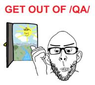 2soyjaks ear get_out_of_qa glasses hand pointing qa_(4chan) soyjak stubble sun text thick_eyebrows variant:nojak variant:wholesome_soyjak yellow // 900x812 // 34.9KB