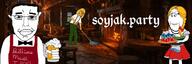 3soyjaks angry arm banner beer billions_must blond closed_mouth clothes ear female glasses hair hand janny medieval soyjak_party sproke stubble subvariant:chudjak_front subvariant:wholesome_soyjak text variant:chudjak variant:gapejak variant:soyak // 1200x400 // 434.1KB