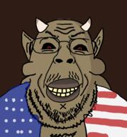 amerimutt artist:joel black_sclera brown_background brown_lips brown_skin chest_hair closed_mouth ear el_ogro_de_las_americas fat flag flag:united_states glasses horn italy_vs_mexico mustache ogre ominous red_eyes soyjak stubble united_states variant:bernd yellow_teeth // 2014x2164 // 335.8KB