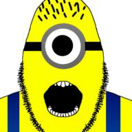 cyclops goggles hair minion mirrored open_mouth soyjak stubble suspenders variant:cobson yellow_skin // 721x720 // 34.1KB