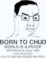 angry born_to_die chud closed_mouth glasses hair incel pol_(4chan) soyjak text variant:chudjak // 300x377 // 48.6KB