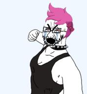 arm bloodshot_eyes bowtie breasts clothes crying enbie female fist glasses hair hand medium_breasts open_mouth pink_hair sleeveless_shirt soyjak stubble thick_eyebrows variant:cryboy_soyjak // 1080x1164 // 348.5KB