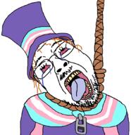a_hat_in_time arm bloodshot_eyes brown_hair cape clothes crying ear glasses hair hanging hat hat_kid mustache open_mouth purple_hat purple_shirt rope soyjak stubble suicide tongue top_hat tranny variant:bernd video_game yellow_teeth // 1024x1056 // 53.6KB