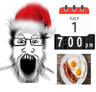 bacon blur breakfast breakfast_for_dinner christmas clothes egg glasses hair hat irl open_mouth plate santa_hat soyjak stubble variant:markiplier_soyjak // 1042x1000 // 596.7KB