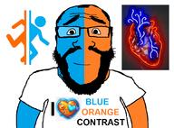 beard blue blue_skin closed_mouth clothes colorful glasses heart i_love orange orange_skin portal subvariant:science_lover text tshirt variant:markiplier_soyjak video_game // 1058x784 // 400.2KB