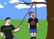 2soyjaks arm brown_hair buff closed_mouth clothes crying drawn_background full_body glasses grass hand hanging hat holding_object leg lynching murder mustache noose open_mouth outdoors playstation rope smile soyjak tongue tree variant:bernd variant:chudjak white_skin xbox yellow_teeth // 2100x1500 // 116.5KB