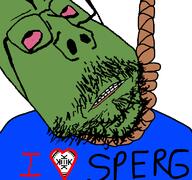 bloodshot_eyes clenched_teeth closed_mouth clothes frog glasses green_skin hanging heart i_love kekistan mustache pepe rope soyjak sperg stubble subvariant:scholar suicide text variant:gapejak // 768x719 // 36.1KB