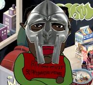 album_cover angry armor black_skin chud closed_mouth clothes crossed_arms ear glasses hair mask mf_doom music soyjak subvariant:chudjak_front variant:chudjak // 615x563 // 425.0KB
