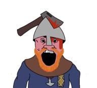 axe beard blood clothes helmet medieval open_mouth orange_hair red_face redraw soyjak subvariant:science_lover variant:markiplier_soyjak viking // 618x559 // 80.6KB