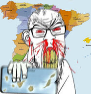 angry blood bloodshot_eyes blur canary_islands clenched_teeth country cracked_teeth ear glasses hand holding_object holding_phone map mustache nosebleed red_eyes soyjak spain stubble subvariant:feralrage variant:feraljak vein water yellow_teeth // 344x356 // 93.5KB