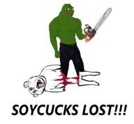 blood bloodshot_eyes buff chainsaw ear frog full_body nipple open_mouth pepe soycuck stubble text tongue variant:impish_soyak_ears // 3875x3598 // 1.3MB