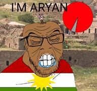 anatolia aryan brown_skin clenched_teeth closed_eyes drool flag flag:kurdistan glasses irl_background kurdistan pie_chart retard small_brain soyjak stubble text turk turkiye variant:feraljak // 1143x1070 // 610.1KB