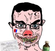 alcohol angry blue_eyes clenched_teeth drool ear flag glasses islam nose paper pink_skin russia saliva soyjak subvariant:chudjak_front text variant:chudjak vatnik vein white_skin yellow_teeth z_(russian_symbol) // 722x680 // 168.6KB