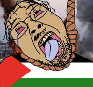 bloodshot_eyes brown_skin clothes country crying flag glasses hair hanging irl_background mustache open_mouth palestine palestinian soyjak stubble tongue tranny variant:bernd // 768x719 // 304.3KB