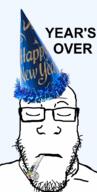 closed_eyes closed_mouth frown glasses its_over new_year party_hat party_horn sad soyjak stubble text variant:markiplier_soyjak // 557x1100 // 232.9KB