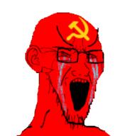 bloodshot_eyes communism crying ear glasses large_eyebrows open_mouth politics red red_skin soyjak stretched_mouth stubble variant:classic_soyjak // 344x348 // 39.9KB