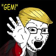 clothes donald_trump gem glasses hair hand open_mouth soyjak stubble text variant:soyak wave yellow_hair // 500x500 // 108.2KB