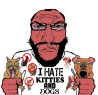 ack angry animal animal_abuse beard cat claw claws closed_mouth clothes crying dog ear fist glasses holding_object i_hate pitbull punisher_face red_skin soyjak stubble subvariant:science_lover text tshirt variant:bernd variant:markiplier_soyjak variant:unknown // 970x935 // 588.9KB