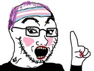 blush clothes eyelashes flag:transgender_pride_flag glasses hand lipstick looking_to_the_left open_mouth pointing purple_hair queen_of_spades soyjak stubble thick_eyebrows tranny variant:soyak yellow_teeth // 1000x756 // 82.7KB
