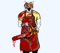 apron arm blood chainsaw clothes ear holding_object mask open_mouth soyjak stubble subvariant:feral_meowjak variant:feraljak // 1185x1046 // 280.6KB