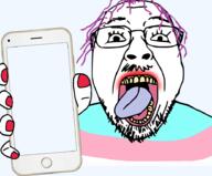 glasses hair hand holding_object holding_phone iphone lipstick open_mouth painted_nails phone purple_hair soyjak stubble template tongue tranny variant:bernd yellow_teeth // 921x763 // 280.3KB