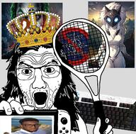 animal batman_(series) clothes crown furry glasses hair hand hat holding_object joker_(dc) keyboard meta:tagme nato nintendo nintendo_switch open_mouth soyjak squirrel stubble subvariant:feralsquirrel tennis variant:feraljak variant:unknown video_game // 1282x1263 // 1.4MB