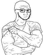 arm buff closed_mouth clothes glasses hand muscles smile smirk smug soyjak stubble tshirt variant:soyak // 683x876 // 142.3KB