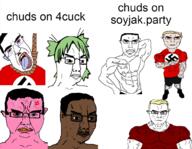 4chan acne anger_mark angry anime arm black_skin bloodshot_eyes buff closed_mouth clothes crying ear glasses green_hair hair hand hanging leg millions_must_die multiple_soyjaks nazism pink_skin rope soyjak soyjak_party stubble subvariant:chudjak_front subvariant:unbotheredchud suicide swastika tshirt variant:chudjak vein white_skun yellow_hair yellow_sclera yellow_teeth yotsoyba // 1012x784 // 344.7KB