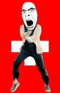 angry animated country cross dance flag full_body gangnam_style glasses irl open_mouth soyjak stubble switzerland variant:cobson // 300x460 // 505.4KB