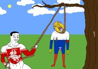 2soyjaks arm asian belarus bloodshot_eyes buff closed_mouth clothes communism crying drawn_background ear full_body glasses grass hand hanging holding_object holding_rope irl leg lynching mustache neovagina noose open_mouth outdoors purple_hair rope russia smile smug soyjak tongue tranny tree variant:bernd variant:chudjak yellow_skin yellow_teeth z_(russian_symbol) // 2100x1500 // 345.3KB