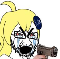 bloodshot_eyes crying female glasses gun hair holding_gun holding_object knowyourmeme open_mouth ornament soyjak stubble thick_eyebrows variant:cryboy_soyjak yellow_hair // 1024x1000 // 430.8KB