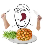 eating food fork fruit glasses holding_object irl knife licking_lips pineapple plate smile soyjak stubble tongue variant:wholesome_soyjak white_skin // 1000x1000 // 521.3KB