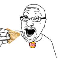 chips clothes ear food glasses hand holding_object lays open_mouth popcorners soyjak stubble variant:unknown // 1080x1079 // 243.4KB