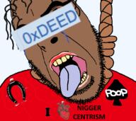 0xdeed ace_of_spades bloodshot_eyes brown_skin centrist crying glasses hair hanging i_love morocco nigger soybooru soyjak stubble suicide tongue tranny variant:cobson // 748x666 // 112.1KB